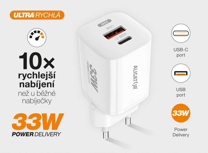 Nabíjačka do siete Aligator Power Delivery 33W, USB-C + USB-A + kábel pre Apple biela Nabíjačka do siete Aligator Power Delivery 33W, USB-C + USB-A + kábel pre Apple biela