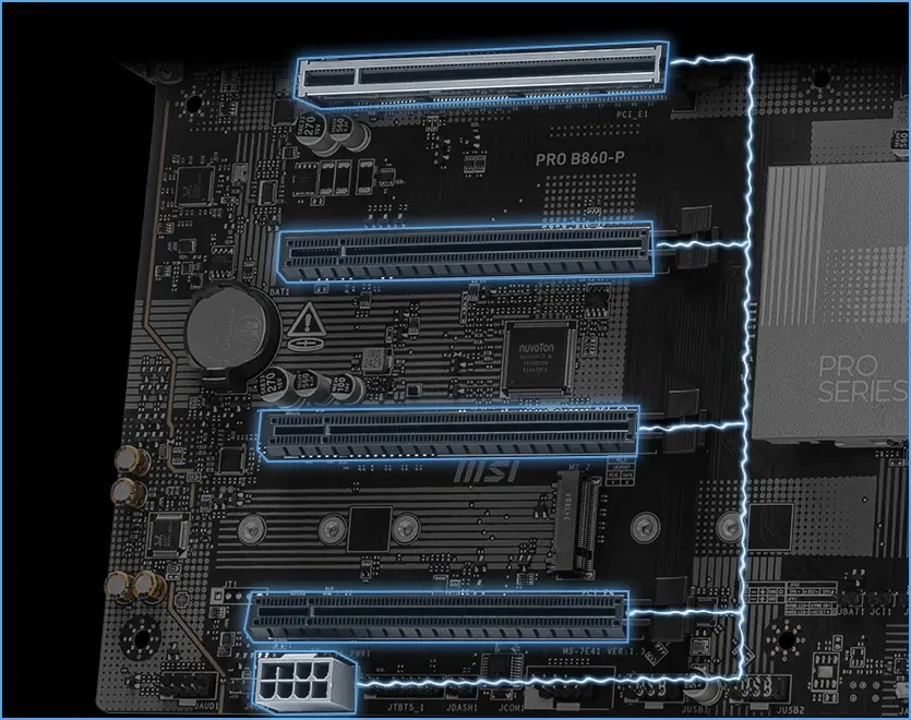 Základná doska MSI PRO B860-P Detailný záber základnej dosky s vyznačenými PCI slotmi a modro svietiacimi obvodmi. Dizajn pôsobí technicky a moderne a vyžaruje inovatívnosť.