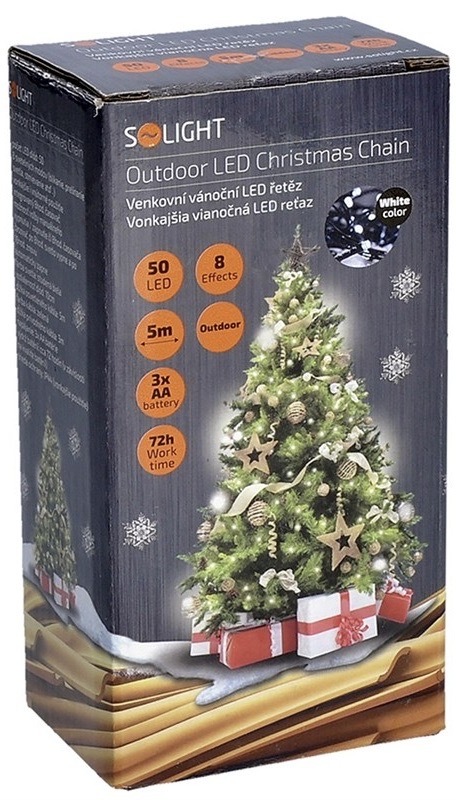 Vianočné osvetlenie Solight reťaz, 50LED, 5+3 m, 8 funkcií, IP44. 3x AA, studená biela
