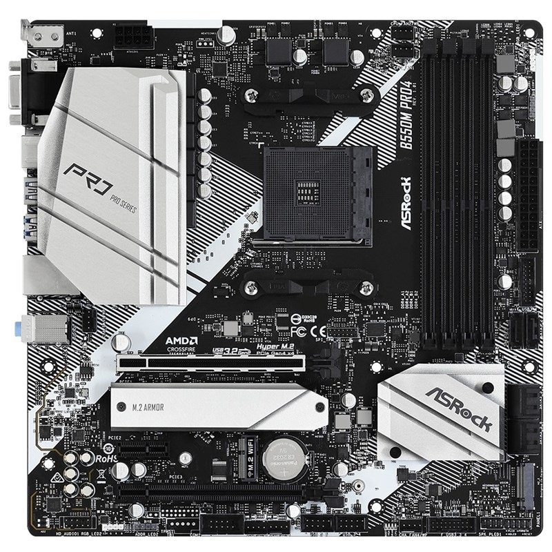 Základná doska ASRock B550M PRO4 v čiernej a striebornej farbe.