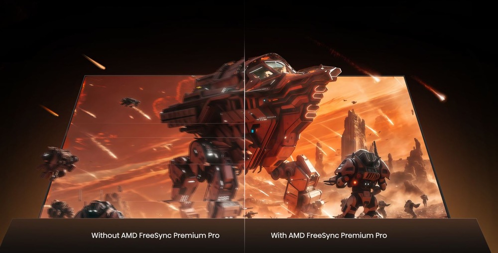 výjav z hry na televízii Hisense. Na jednej polovici je vidieť obraz s technológiou AMD Freesync Premium pre, na druhej nie.