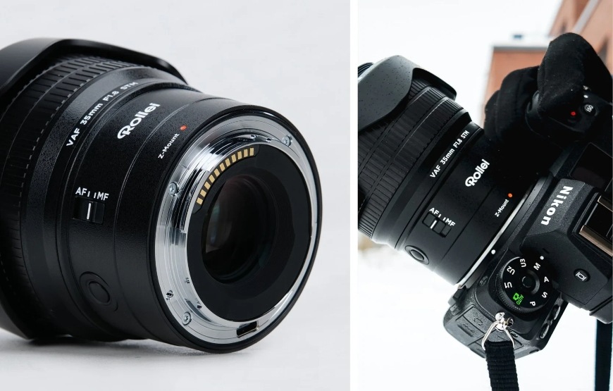 Objektív Rollei 35 mm AF f/1.8 (Nikon Z) čierny Fotoaparát s objektívom Rollei 35 mm AF f/1.8 a detail kovovej upevňovacej časti objektívu
