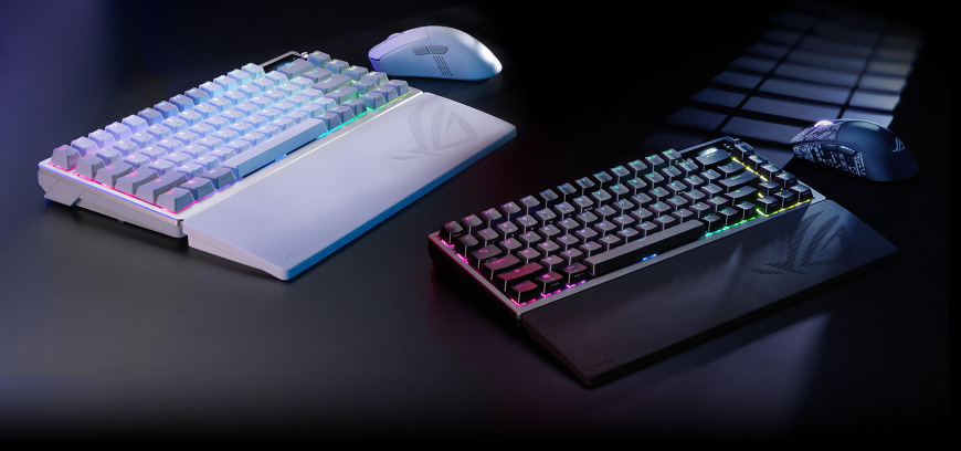 Opierka zápästia Asus ROG Keyboard Wrist Rest čierna Opierka zápästia Asus ROG Keyboard Wrist Rest – použitie s hernou klávesnicou a myšou v RGB podsvietenej zostave