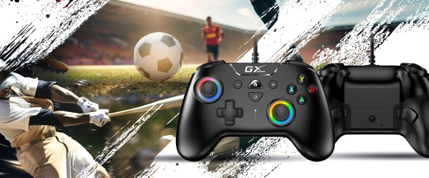 Gamepad Genius GX Gaming GX-23UV čierny Gamepad Genius GX Gaming GX-23UV pred pozadím tvoreným ilustráciami zo športových hier
