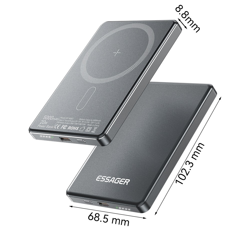 Powerbank Essager 5000 mAh magnetická bezdrôtová (kompatibilná s MagSafe) sivá Powerbanka Essager 5000 mAh magnetická bezdrôtová s kompaktnými rozmermi