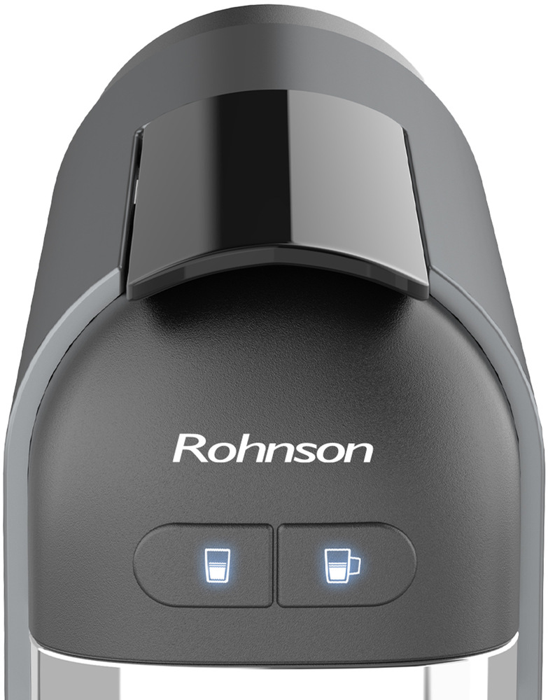 Kapsulový kávovar Rohnson R-98042 čierny Detail ovládacieho panela kávovaru Rohnson s dvoma podsvietenými tlačidlami.