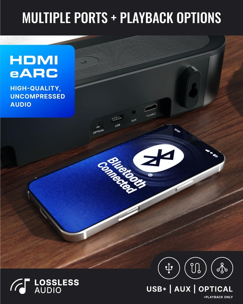 Soundbar Majority Bowfell Axis 2.1 čierny Zadná strana soundbaru Majority Bowfell Axis 2.1 s konektormi HDMI eARC, optickým vstupom, USB, AUX a bezdrôtovým pripojením Bluetooth