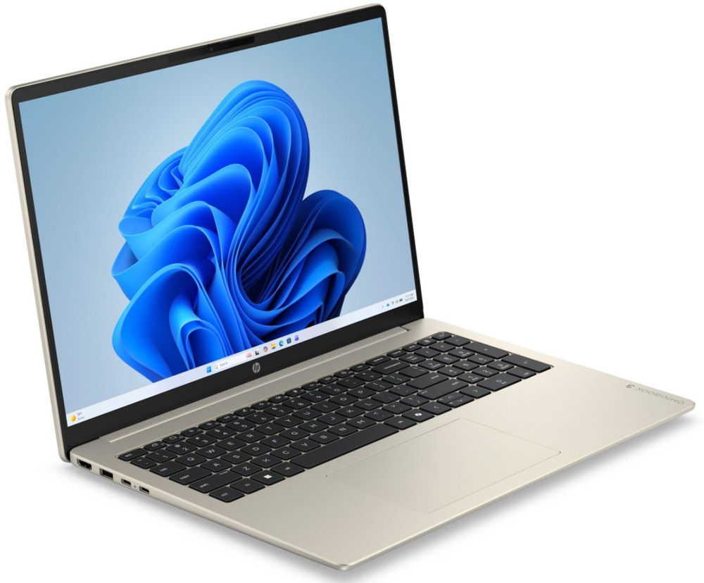 Notebook HP OmniBook 3 16-bu0613ncx + Game Pass predplatné na 2 mesiace zlatý Notebook HP OmniBook 3 v šikmom pohľade s tenkým prevedením