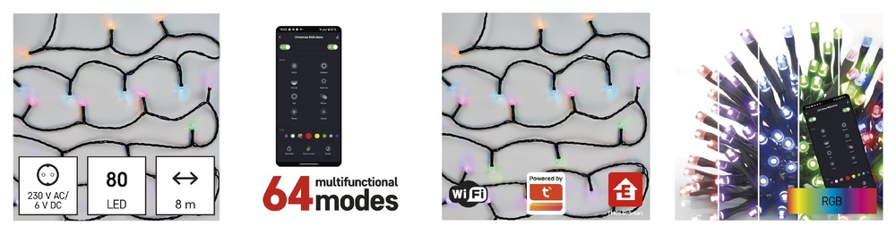 Vianočné osvetlenie EMOS GoSmart 80 LED reťaz, 8 m, vonkajšie aj vnútorné, RGB, časovač, Wi-Fi Vianočné osvetlenie EMOS GoSmart 80 LED reťaz, 8 m, vonkajšie aj vnútorné, RGB, časovač, Wi-Fi