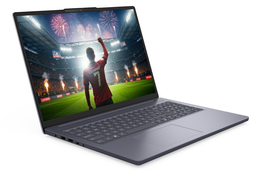 Notebook Lenovo IdeaPad Slim 3 16IPH11 sivý Otvorený a zapnutý notebook Lenovo IdeaPad Slim 3 16IPH11 otočený doprava
