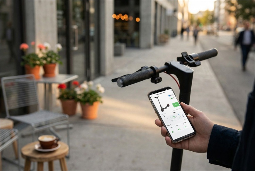 Elektrická kolobežka Sencor SCOOTER S21 čierna Detail riadidiel elektrickej kolobežky Sencor doplnený smartfónom s aplikáciou pre jej ovládanie a sledovanie jazdných údajov. Užívateľ drží telefón v ruke na ulici pred kaviarňou, kde sú vidieť stolíky, kvety a šálku kávy.