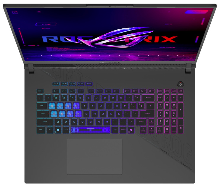 Notebook Asus ROG Strix G18 sivý Pohľad zhora na 4zónovo RGB podsvietenú klávesnicu s numerickou časťou
