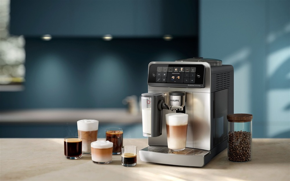 Automatický kávovar Philips Series 6000 LatteGo Pro EP6551/91 sivý Automatický kávovar Philips pripravujúci mliečny kávový nápoj, doplnený niekoľkými druhmi kávy a nádobou s kávovými zrnami