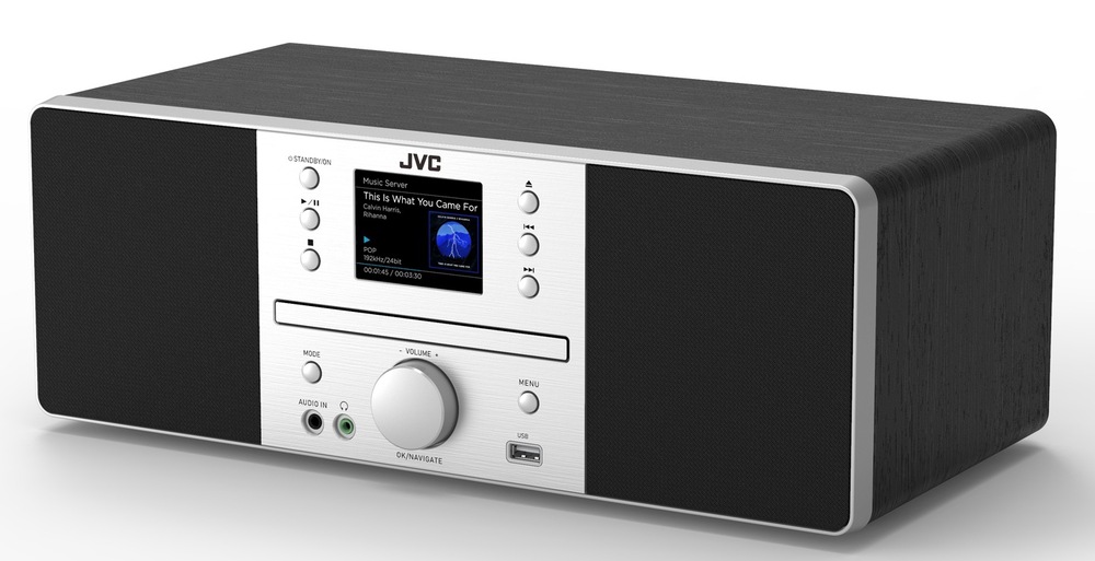 Kompaktný audio systém All-in-One JVC RD-E874B v čiernej farbe s imitáciou dreva, s CD mechanikou a farebným displejom