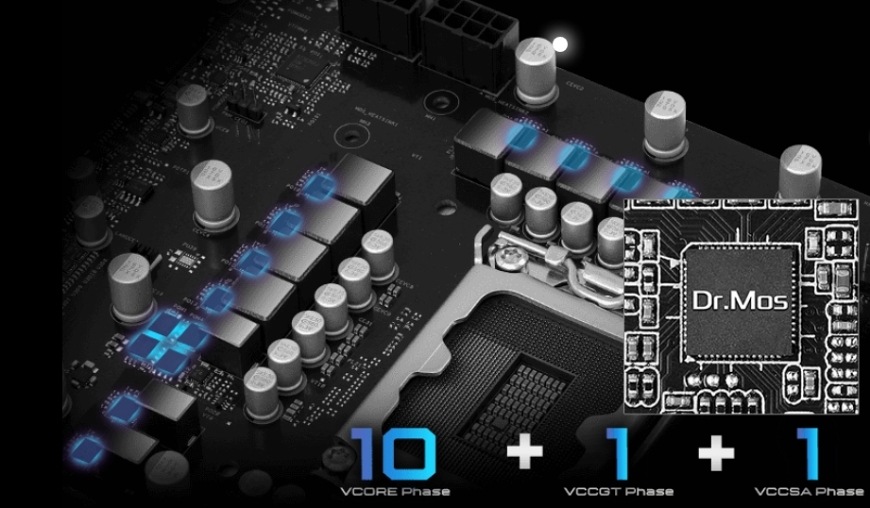 Detail 10+1+1fázového napájania s Dr.MOS pri základnej doske ASRock B860 Pro-A pre stabilnú prevádzku procesora