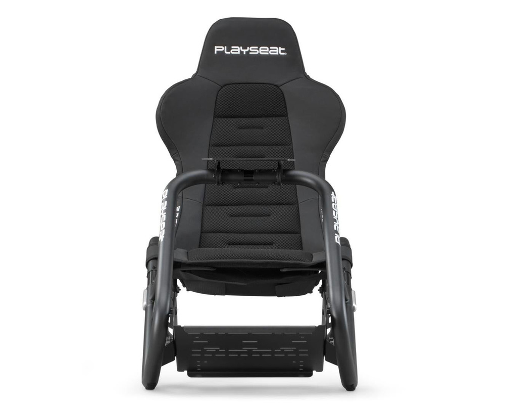 Predný pohľad na závodný kokpit Playseat Trophy Black v čiernej farbe.