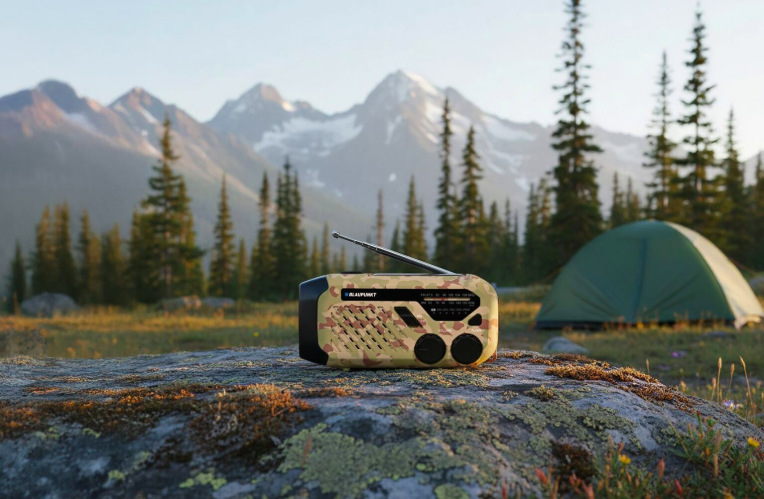Rádioprijímač Blaupunkt ER10DC Survival hnedý Rádioprijímač Blaupunkt ER10DC Survival umiestnený v prírode vedľa stanu