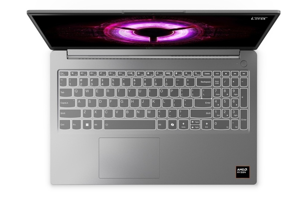 Notebook Lenovo LOQ 15ARP10E + Game Pass predplatné na 3 mesiace sivý Pohľad zhora na klávesnici notebooku Lenovo LOQ 15ARP10E