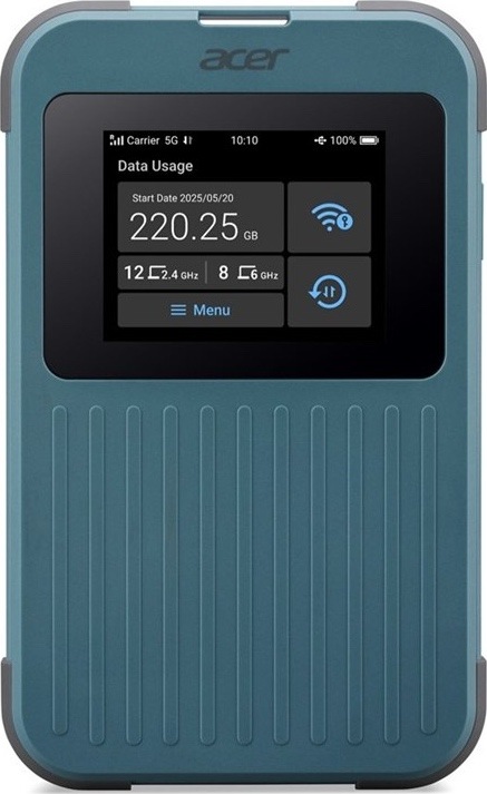 Modrozelený mobilný hotspot Acer Connect M4 z čelného pohľadu. Na prednej strane má farebný displej so stavom 5G pripojenia, využitými dátami, pripojenými zariadeniami a ikonami Wi-Fi. Telo má zaoblené rohy a vrúbkovaný spodný panel.