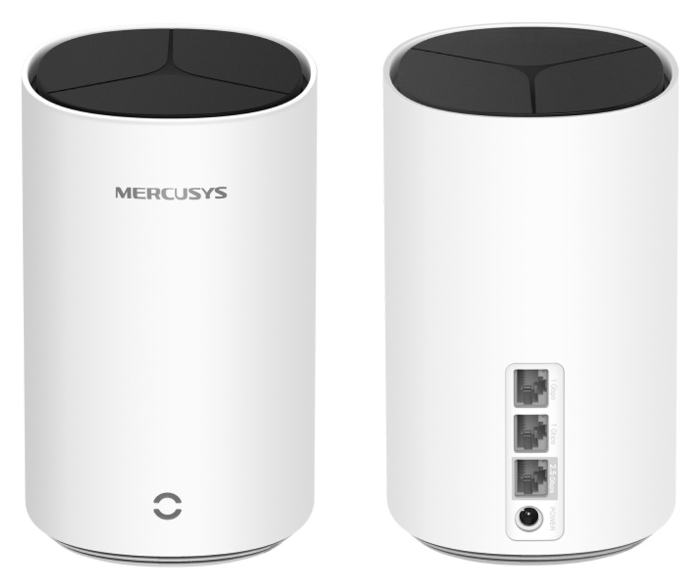 Router Mercusys Halo E85X AX3000 Mesh Wi-Fi 6 (2-pack) biely Predný a zadný pohľad na router Mercusys Halo E85X s trojicou sieťových portov