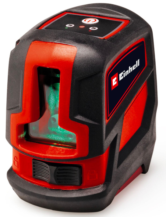 Krížový laser Einhell TCLL2G Detail prednej projekčnej časti krížového lasera Einhell TCLL2G so zelenou líniou
