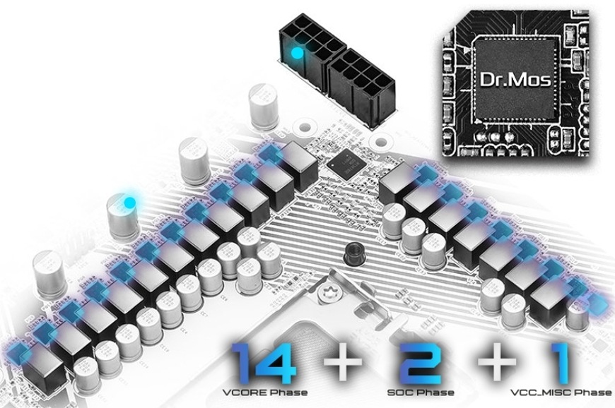 Detail napájacej kaskády Dr.MOS 14+2+1 pri doske ASRock X870 PRO RS WIFI pre stabilný výkon CPU