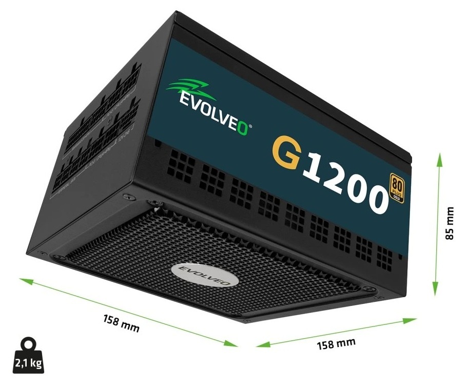 Zdroj Evolveo G1200 Black 1200W 80+ Gold, ATX 3.1 čierny Evolveo G1200 80+ Gold je široký len 158 mm – zmestí sa aj do kompaktnej skrine