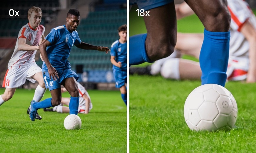 Digitálny fotoaparát Rollei Sportsline 64 Pro oranžový Vľavo fotografie futbalistov, vpravo priblížený snímok lopty vytvorený fotoaparátom Sportsline 64 Pro s digitálnym zoomom