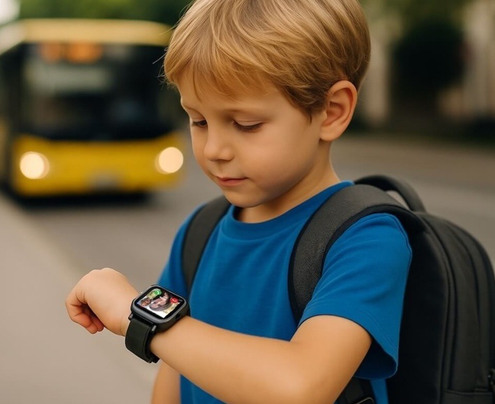 Inteligentné hodinky Carneo GuardKid+ 4G ULTRA 2nd gen. ružové Chlapec čakajúci na autobus komunikuje pomocou hodiniek s mamičkou.