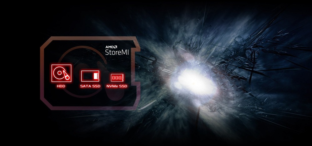 Základná doska ASRock B550M-HDV Abstraktný obrázok znázorňujúci technológiu AMD StoreMI. Futuristický dizajn s ikonami pre HDD, SATA SSD a NVMe SSD na tmavom, dynamickom energetickom pozadí.