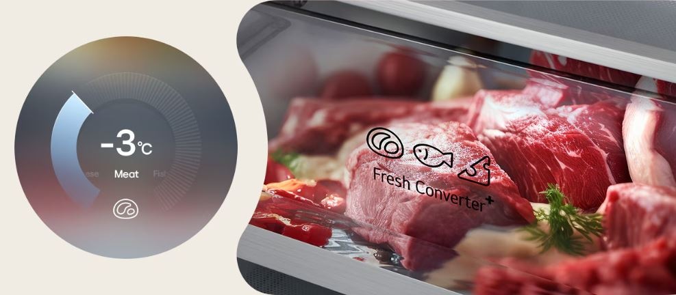 Chladnička s mrazničkou LG GBBS726AMB metal sorbet nerez V úložnej priehradke FreshConverter je uložené čerstvé mäso a na displeji je nastavená teplota mínus tri stupne Celzia