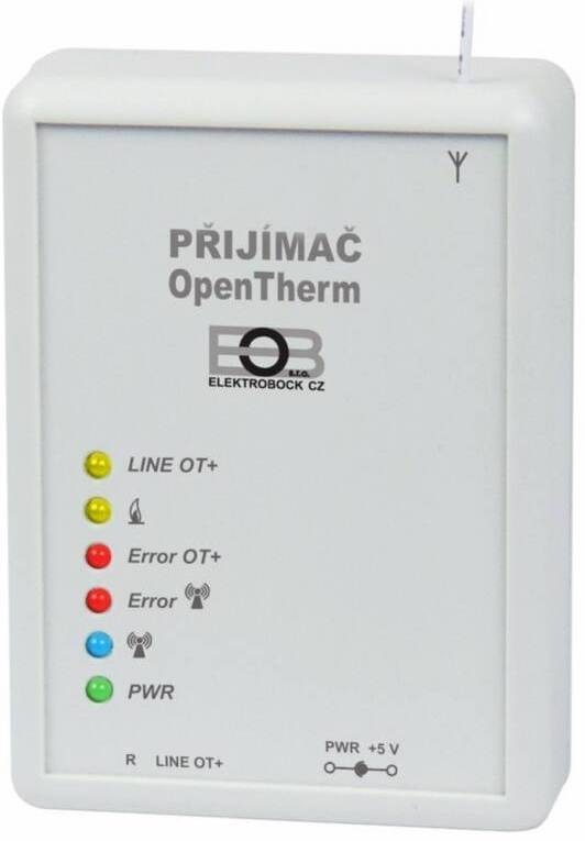 Termostat Elektrobock OpenTherm s WiFi modulom Samostatný OpenTherm prijímač Elektrobock v bielej farbe s LED kontrolkami stavu a napájania