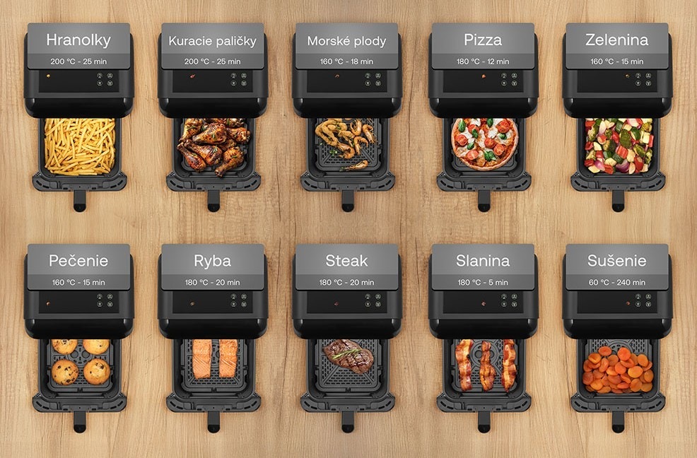 Fritéza teplovzdušná Sencor SFR 1250BK čierna Prehľad automatických programov teplovzdušnej fritézy Sencor SFR 1250BK zobrazujúce rôzne režimy prípravy ako hranolky, kuracie paličky, morské plody, pizza, zelenina, ryba alebo sušenie. Každý program má odporúčanú teplotu a čas, čo uľahčuje prípravu širokej škály pokrmov jedným dotykom.