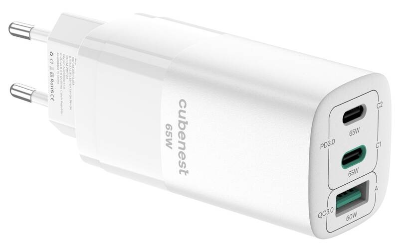 Nabíjačka do siete CubeNest S3D0 GaN, 1xUSB, 2xUSB-C PD, 65 W - biela