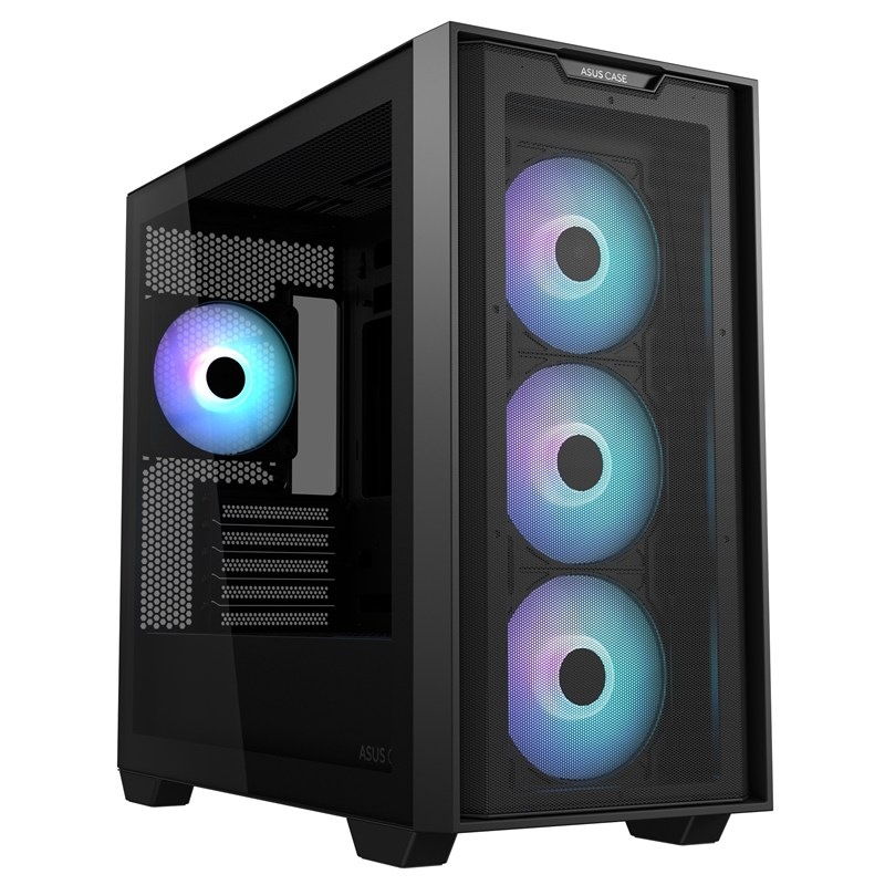Počítačová skriňa Asus A21 PLUS TG ARGB v čiernej farbe.