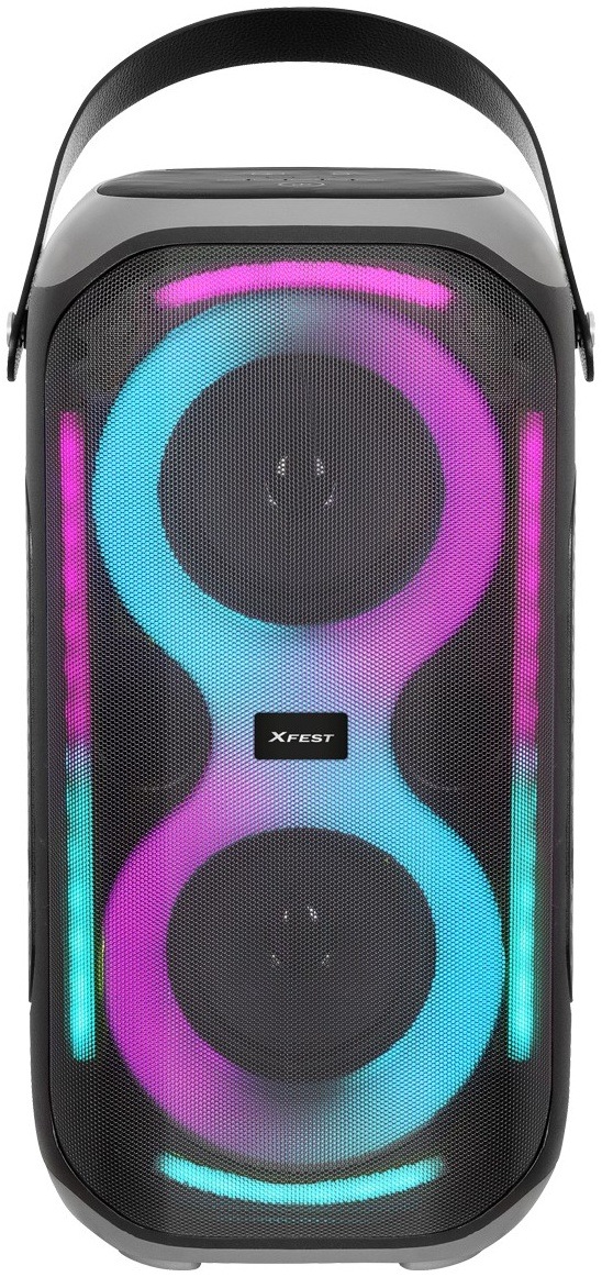 Párty reproduktor Trevi XFM 225 W čierny Trevi XFest XF 225 W s RGB osvetlením, pohľad spredu s ľahko odlišnou farbou svetiel.