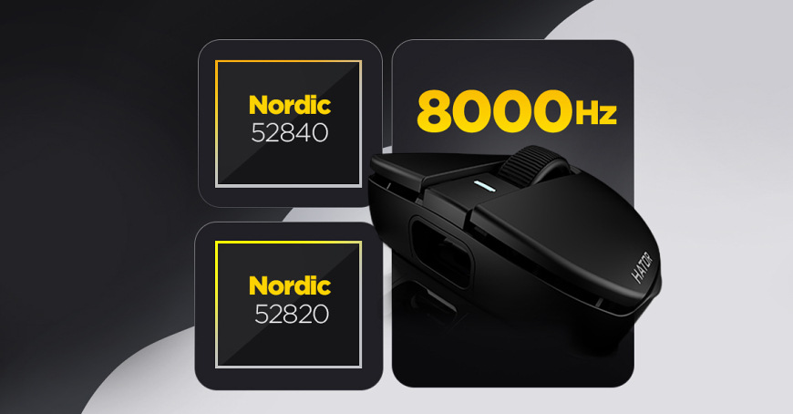 Vizualizácia myši s označením 8 000 Hz a mikrokontrolérov Nordic 52840 a 52820″ width=