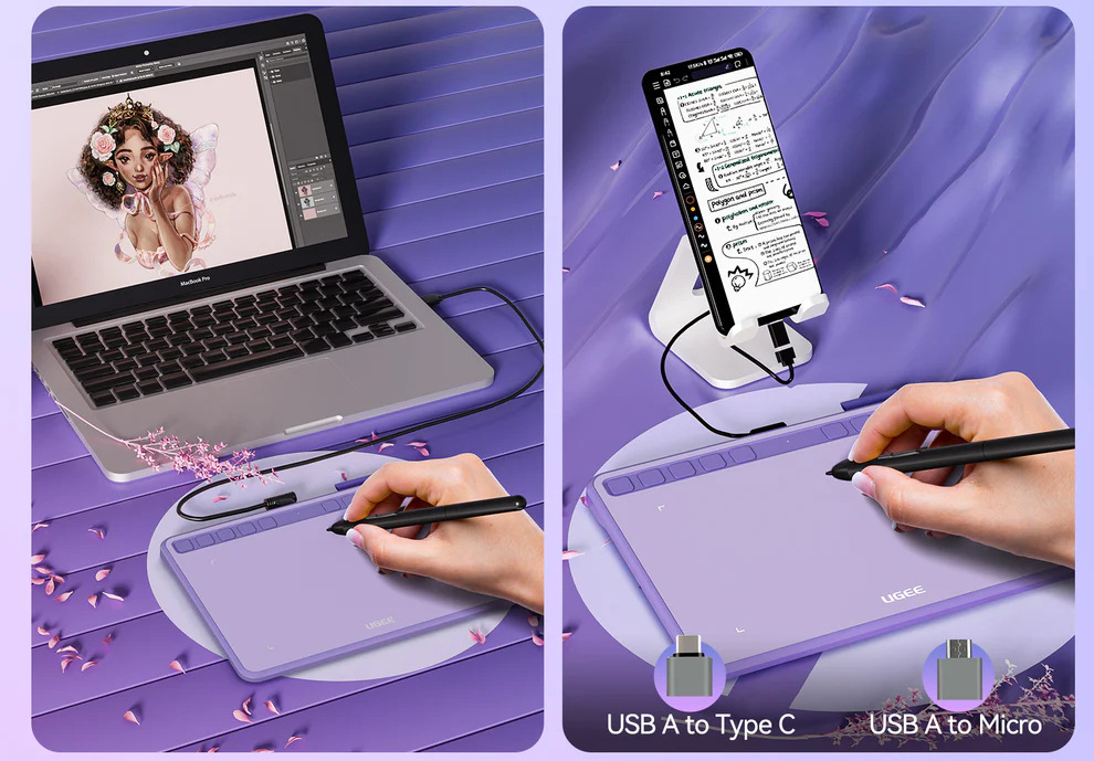 Grafický tablet UGEE S640 béžový Kreslenie na tablete UGEE S640 pripojenom k notebooku / smartfónu pomocou USB-C
