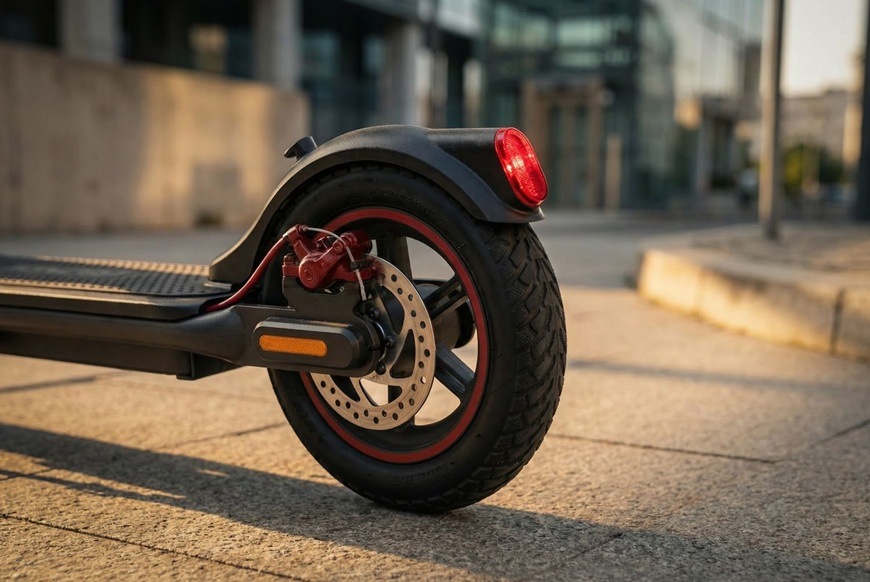 Elektrická kolobežka Sencor SCOOTER S25 čierna Detail zadného kolesa elektrickej kolobežky Sencor SCOOTER S31 s kotúčovou brzdou a rozsvieteným zadným svetlom pri jazde mestom. Robustná pneumatika a výrazný brzdový systém zdôrazňujú stabilitu a bezpečnosť.