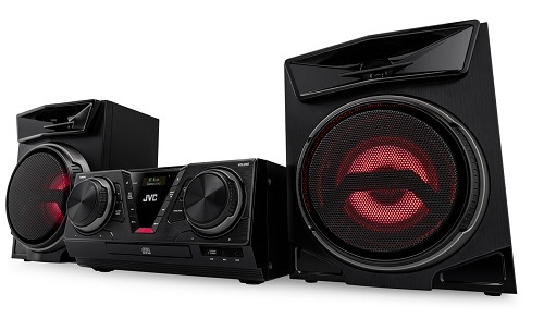 Čierny minisystém JVC MX-E325B-DAB s dvoma reproduktormi, červeným podsvietením membrán a LCD displejom na hlavnej jednotke