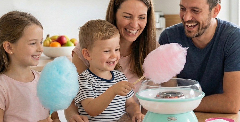 Výrobník cukrovej vaty Clatronic ZWM 3478 zelený Rodina s deťmi pri výrobe cukrovej vaty doma pomocou stroja Clatronic Cotton Candy.