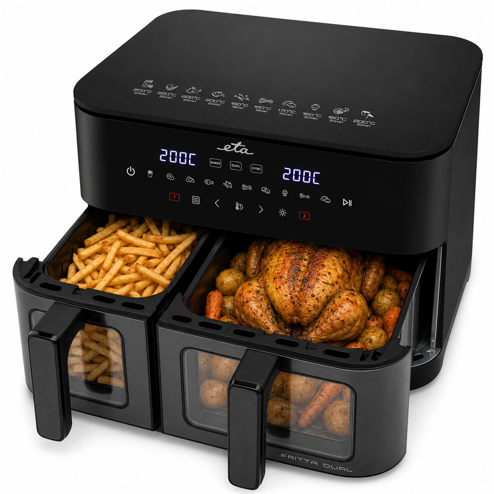 Fritéza teplovzdušná ETA Fritta Dual 3167 90000 čierna Použití dvouzónové horkovzdušné fritézy ETA Fritta Dual – v levém koši se peče porce hranolek, v pravém koši celé kuře s pečenou zeleninou a bramborami