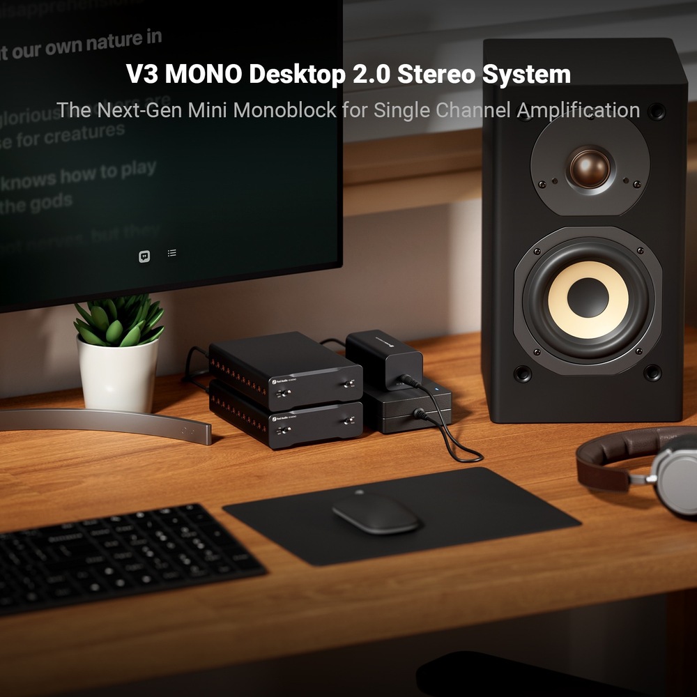 Stolová stereofónna zostava s dvoma zosilňovačmi Fosi Audio V3 Mono, napájacími adaptérmi a pasívnym reproduktorom.