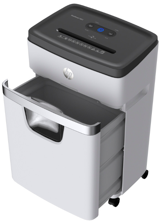 Skartovač HP OneShred 18CC biely Detail vysunutého odpadového koša skartovača HP OneShred 18CC s priehľadovým okienkom