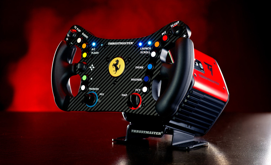 Volant Thrustmaster T818 Ferrari 488 GT3 Simulator čierny Volant nasadený na základni s aktívnymi LED indikátormi