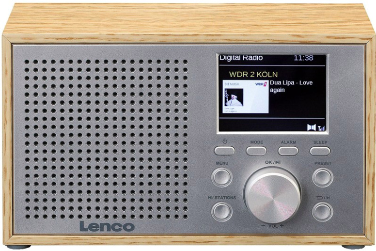 Rádioprijímač DAB+ Lenco DAR-017WH vo svetlom drevenom prevedení s LCD displejom a ovládacími prvkami spredu