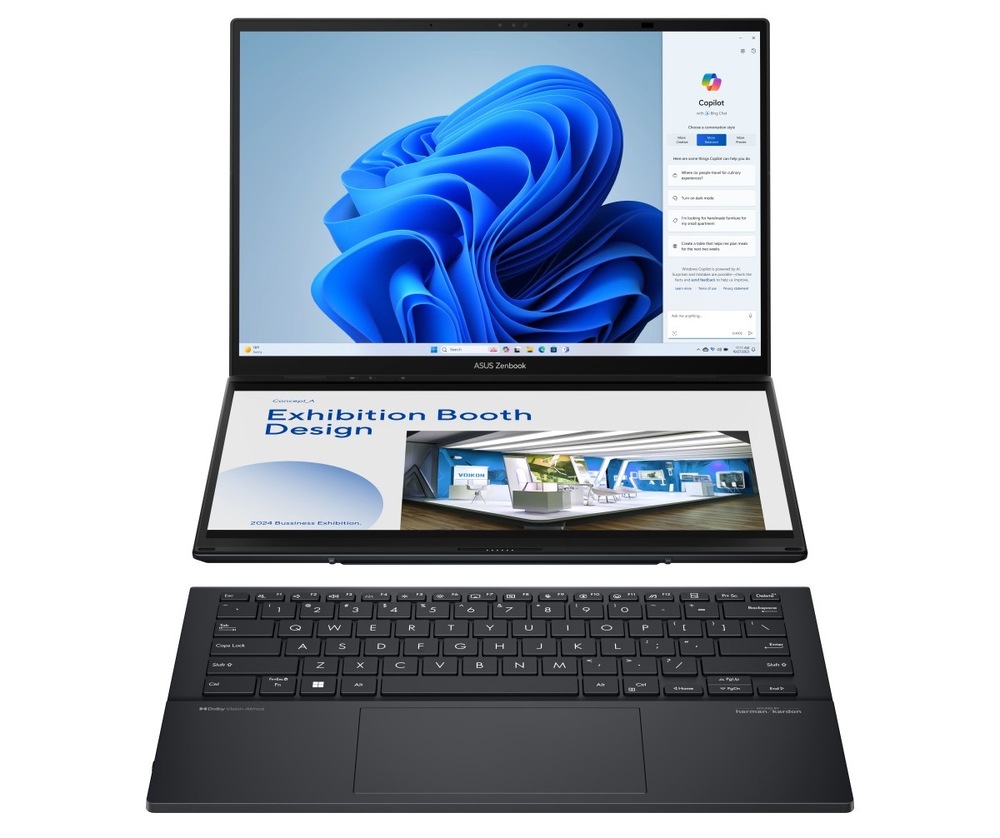 Otvorený a zapnutý notebook s dvoma displejmi Asus Zenbook Duo