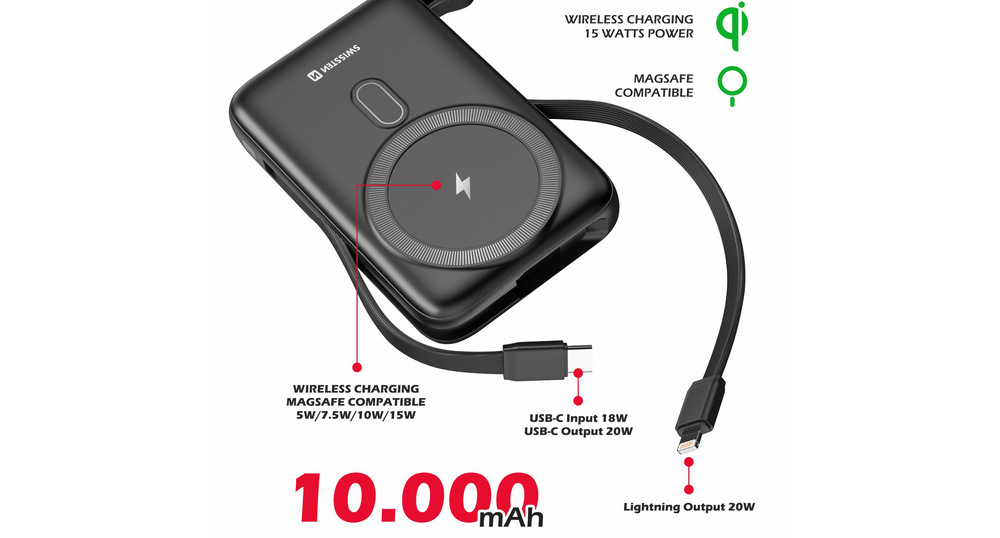 Powerbank Swissten 10000 mAh, PD 20W s integrovanými káblami USB-C a Lightning (kompatibilný s MagSafe) čierny