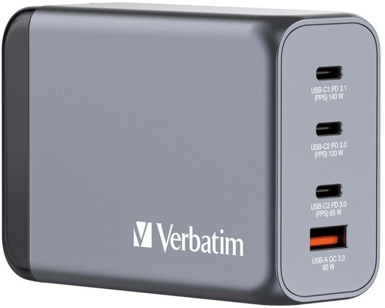Cestovný adaptér Verbatim GNC-240 GaN, 240W, 3x USB-C PD, 1x USB QC - sivý