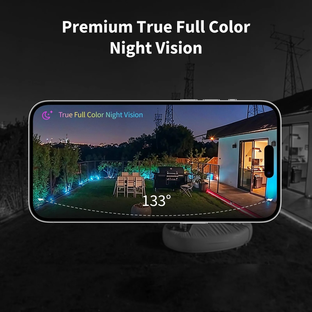IP kamera Aqara Hub G5 Pro Wi-Fi biela Nočný farebný záber záhrady z kamery Aqara G5 Pro zobrazený na iPhone, zorný uhol 133 °.